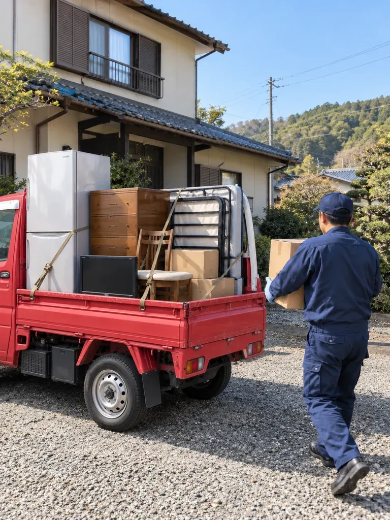 赤い軽トラックに不用品を積み込むイメージ